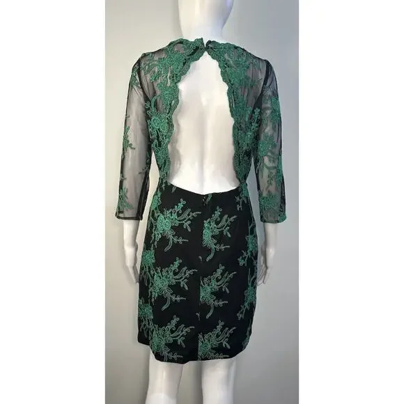 Hailey By Adrianna Papell Evening Dress Green Lace Embroidery Long Sleeve Sz-8 - Picture 3 of 16